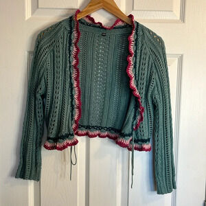 Vintage boho crochet cardigan Women's M teal blue linen blend
